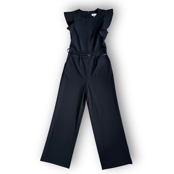 NWT Calvin Klein Black Belted Ruffle Sleeve Jumpsuit Size 6 - Picture 4 of 7